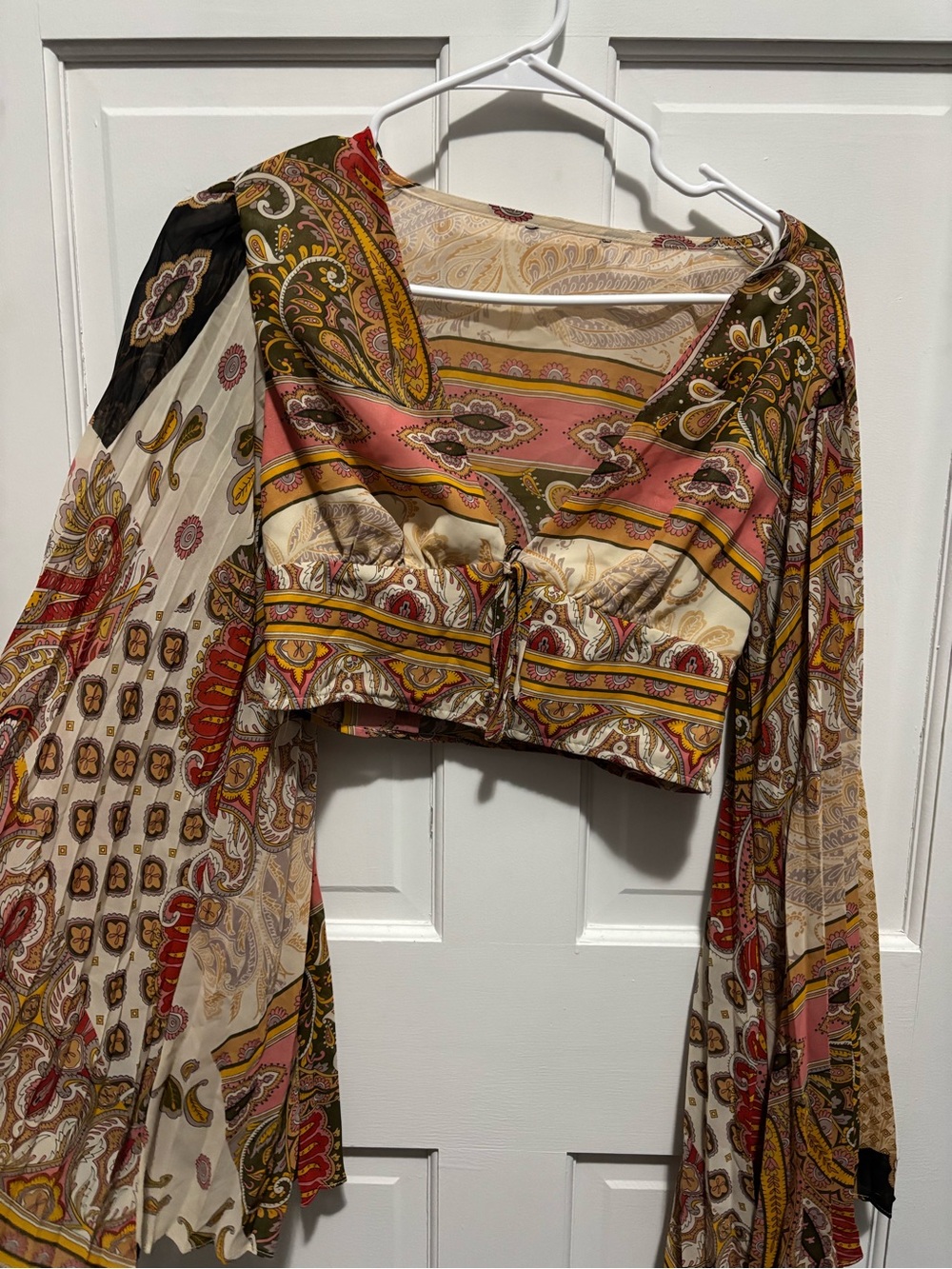 Source Unknown Paisley Print Crop Top in Pink, Cream, Olive, and Brown